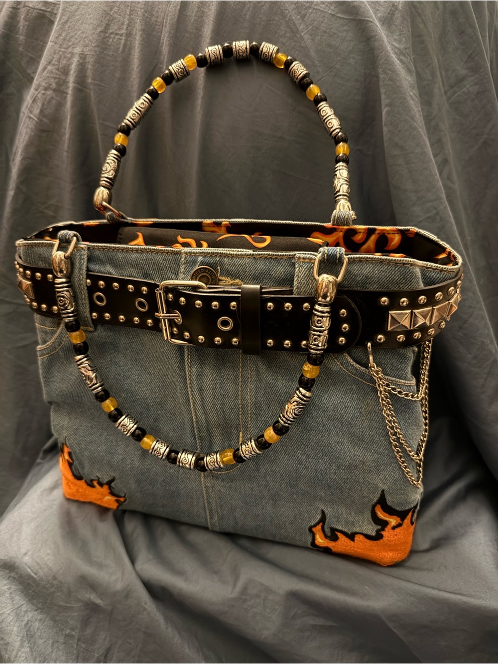 *BOOTY BAG NWOT Denim Flame Tote Bag with Beaded Handles - Orange/Black